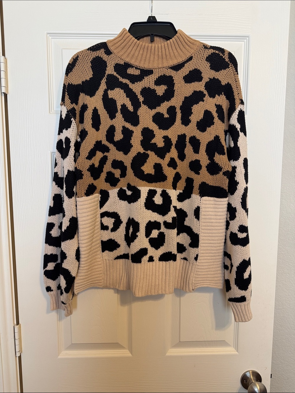 NINE WEST LEOPARD Print Mock Neck Sweater - Tan, Black & Cream